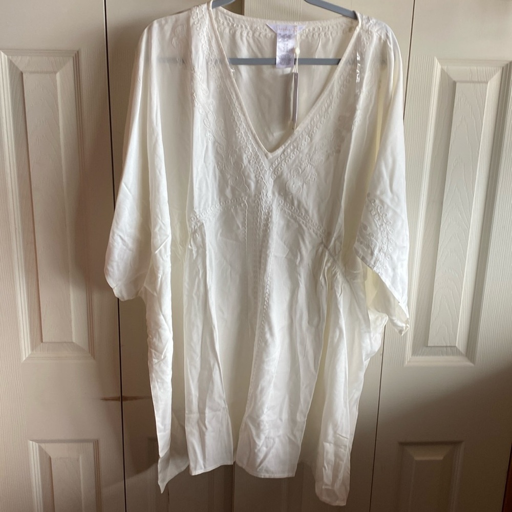 Sunshine 79 White Embroidered Draped Short Sleeve Pullover Coverup size medium